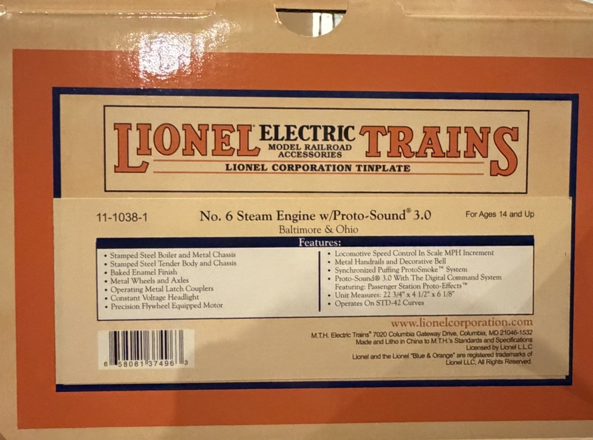 Lionel No. 6 Steam Locomotive Standard Gauge Proto-Sound 3.0 Baltimore & Ohio