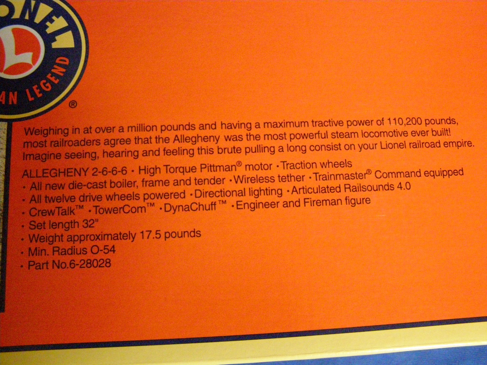O Gauge Lionel 6-28028 2-6-6-6 Virginian Allegheny 900 lj
