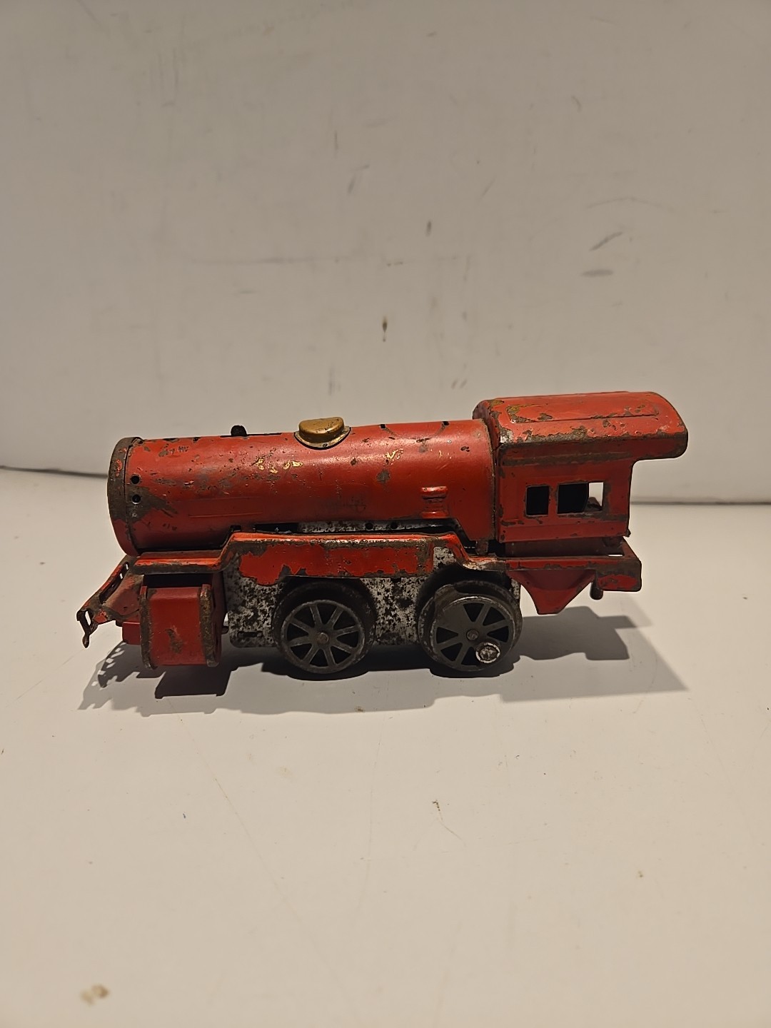 Antique Vtg Train Metal Red Locomotive Engine Windup Clockwork Train Needs Work