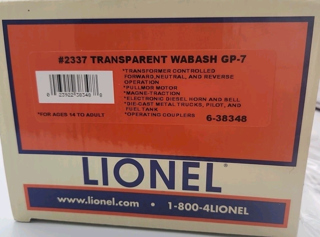 LIONEL 2337 Transparent Wabash GP-7 6-38348 Locomotive COOL LOOKING!