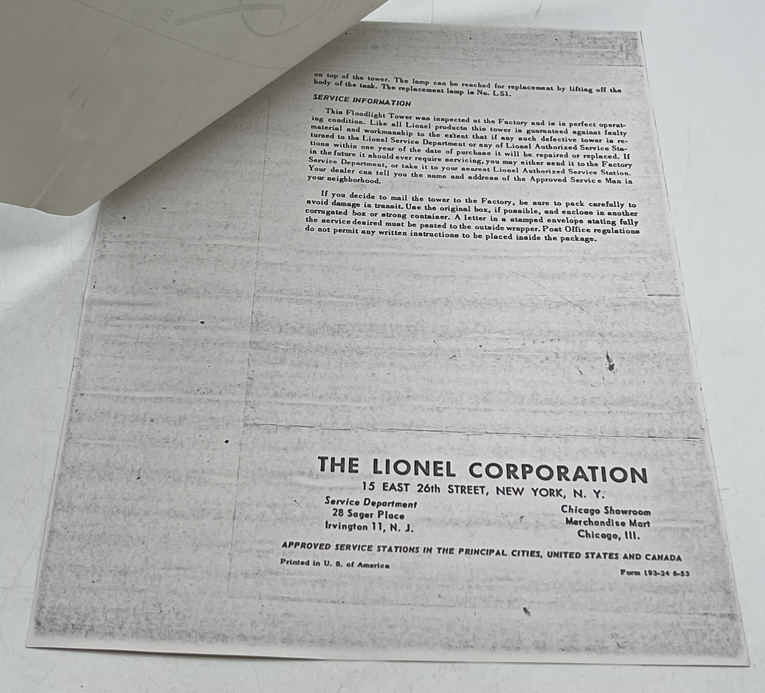 Lionel Instructions How to Install No. 193 Flashing Tower Paper Copy By Dealer