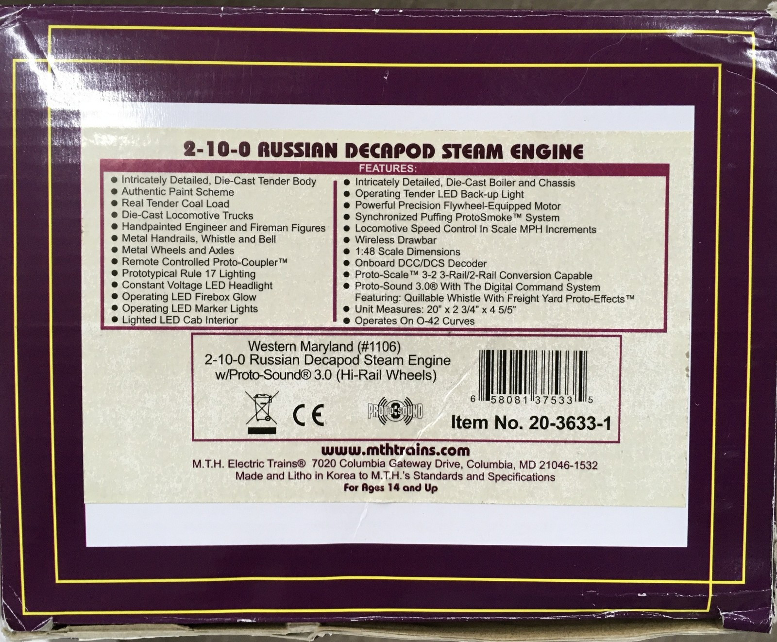 MTH 20-3633-1 Western Maryland 2-10-0 Russian Decapod Steam Engine w/PS3 – NEW