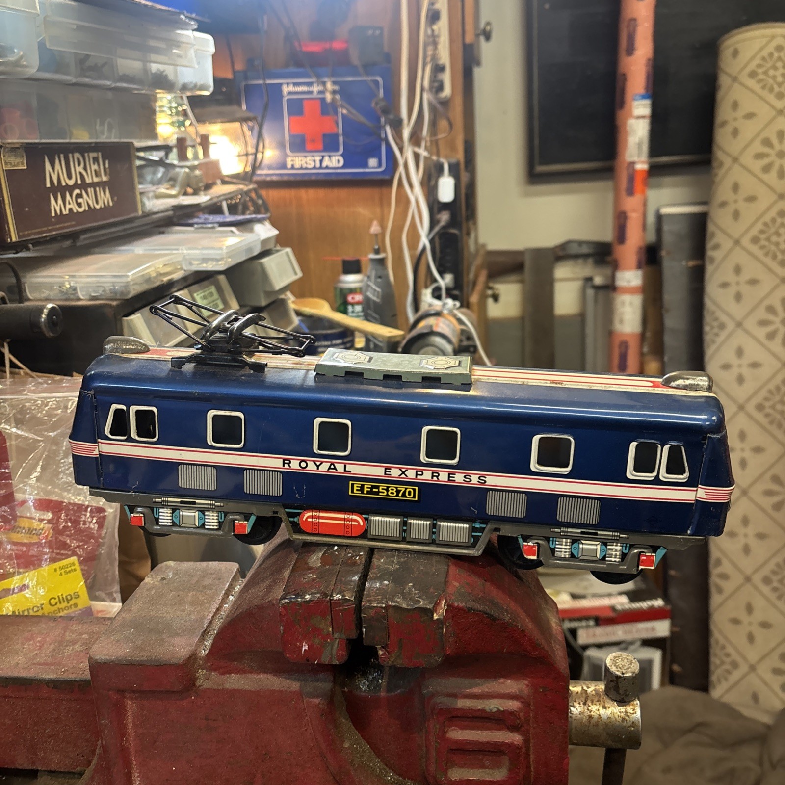 1950’s Blue TIN LOCOMOTIVE EXPRESS E.F 5870 14 In. Street Car