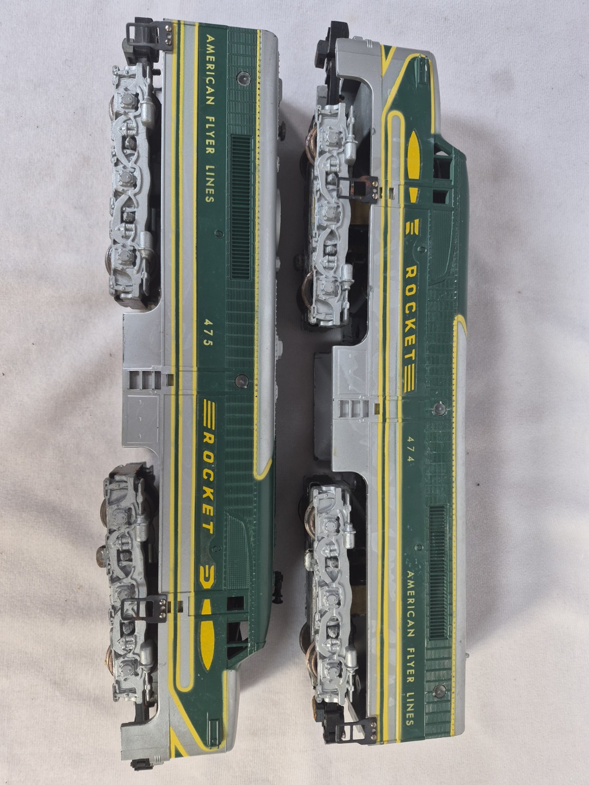American Flyer S Gauge 474 475 Rocket A-A Diesel Locomotive Set Green Silver