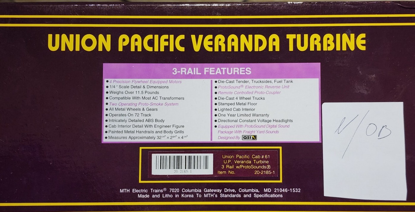 MTH O Scale 20-2185-1 Veranda Turbine Union Pacific #61