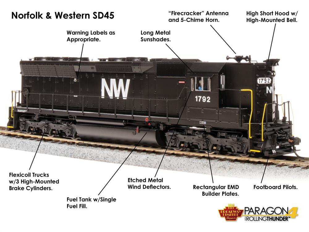 BROADWAY LIMITED 4288 HO EMD SD45 N&W #1803 Paragon4 Sound/DC/DCC (High Hood)