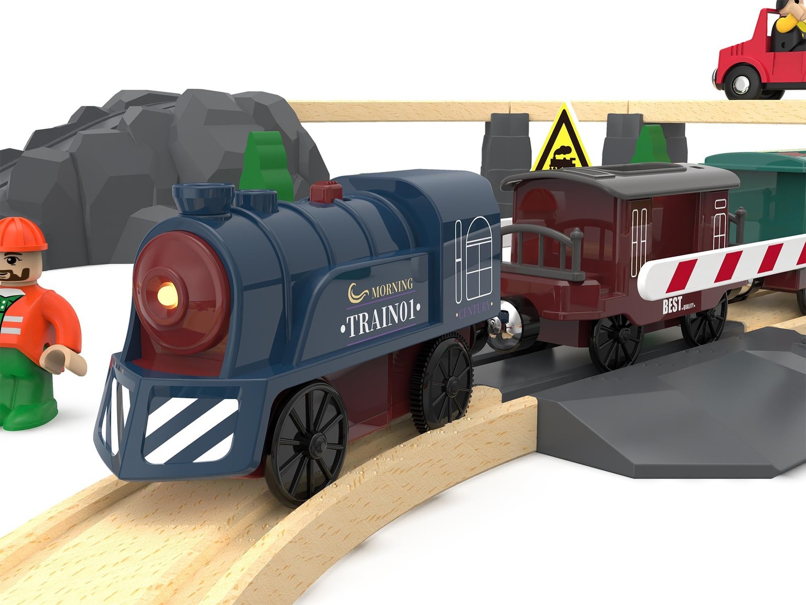Battery Operated Train for Wooden Track, 3Pcs Motorized Small, Deep Blue