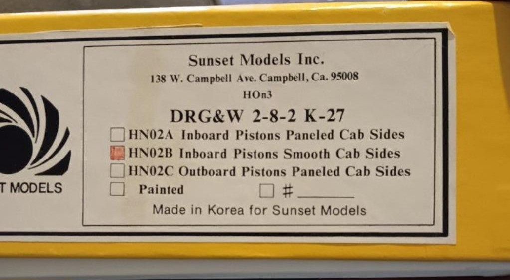 Sunset Models Inc DRG&W K-27 HOn3 2-8-2 Brass Steam Locomotive w/ Tender HN02B
