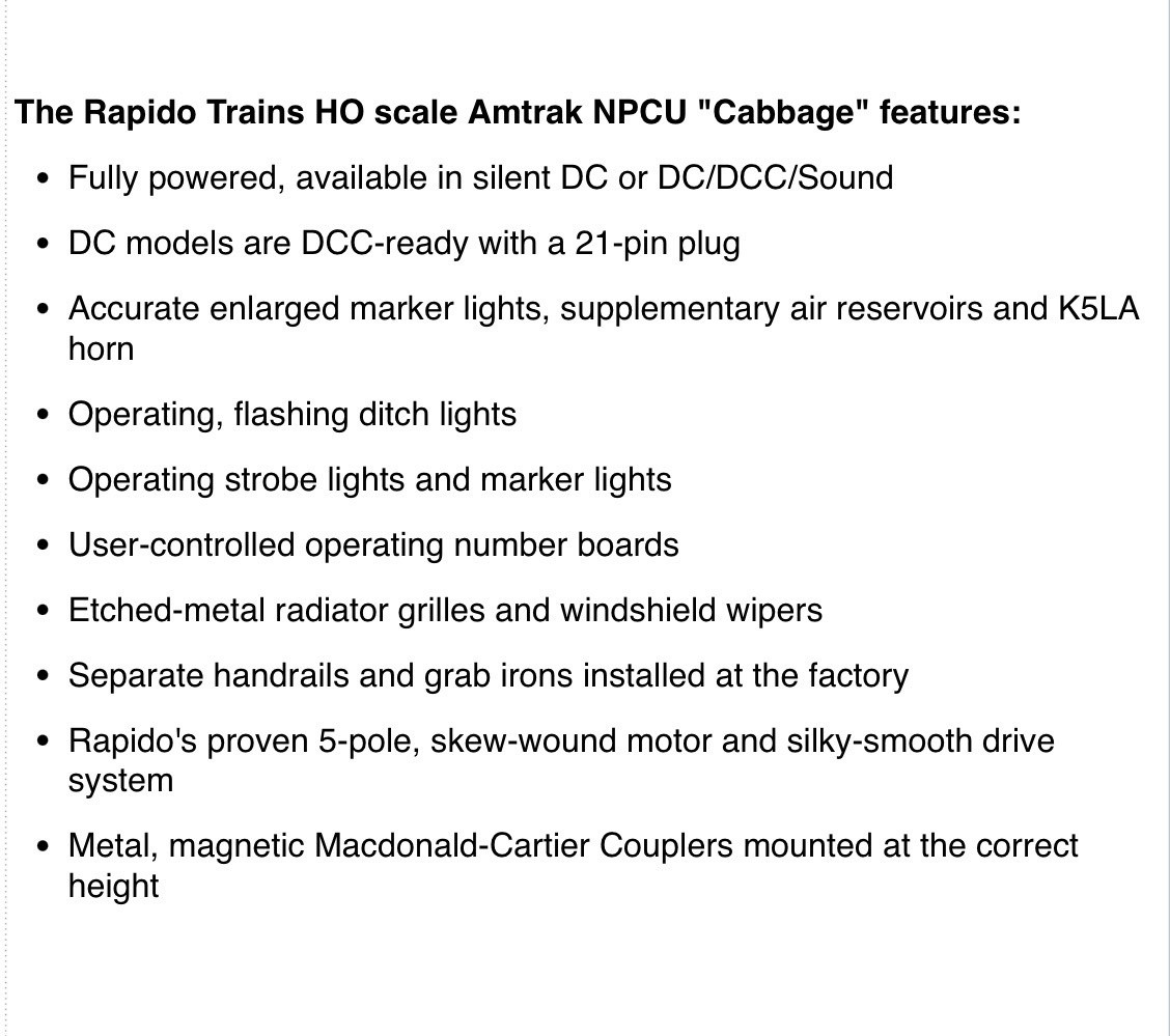 Rapido 81523 HO Amtrak NPCU “Cabbage”(DCC/SOUND) Amtrak Salutes Veterans #90221