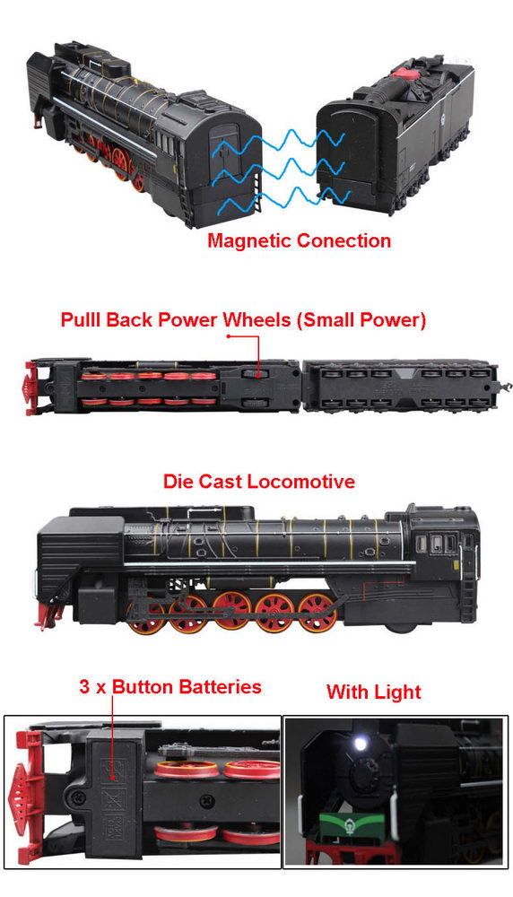 HO Scale 1/87 Diecast Train Locomotive & Carriage Pull Back with Sound Light