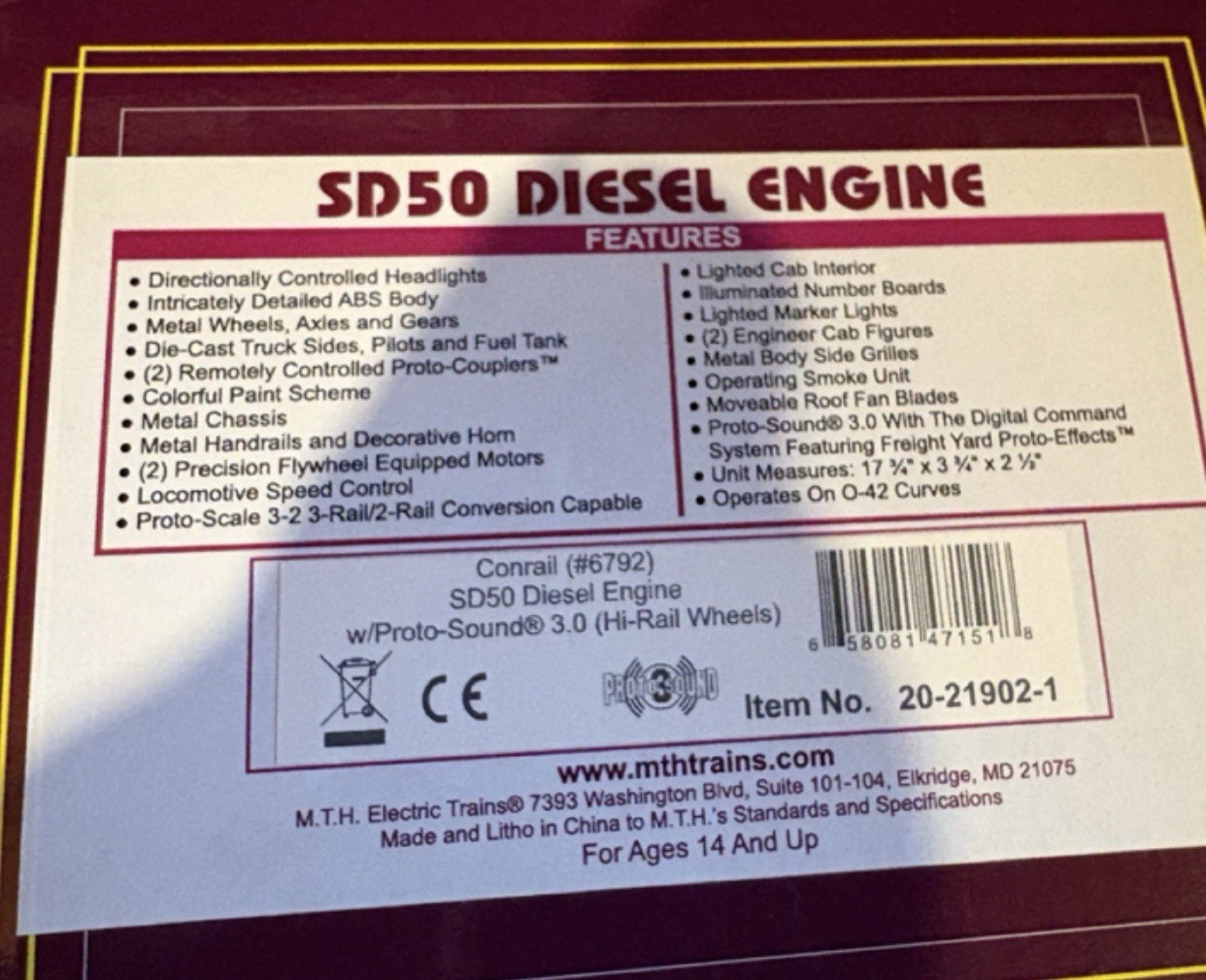 MTH PREMIER CONRAIL SD50 DIESEL ENGINE PS3! 20-21902-1 O SCALE
